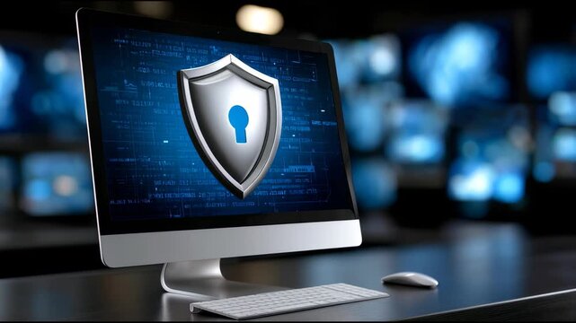 Advanced cybersecurity and data protection technology with digital shield on computer. Powerful network defense concept ensuring complete security and guarding online privacy