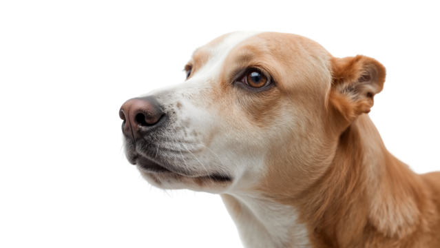 Portrait of a brown and white dog with expressive eyes looking sideways on isolated the transparent background