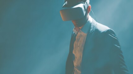 Businessman Wearing Virtual Reality Headset in Dramatic Lighting