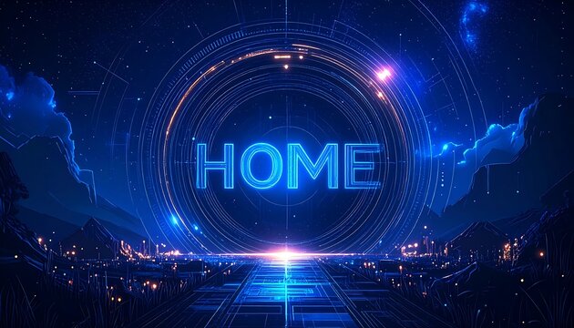 Futuristic digital landscape with "HOME" text - Powered by Adobe