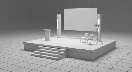 Fototapeta premium A minimalist 3d rendering of a stage with a podium, screen, and chairs, perfect for presentations and events in a modern setting