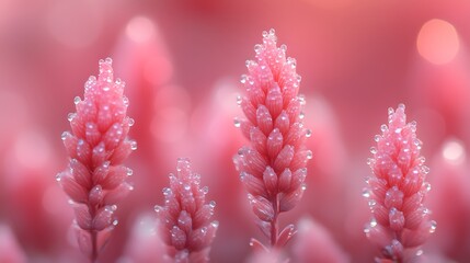 Macro Close-Up of Four Delicate Pink Flower Spikes (Likely Aloe/Succulent): Covered in Tiny Transparent Light-Reflecting Drops, Soft Pink Bokeh Background