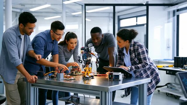 Diverse engineering team collaboratively building and testing a robotic project in a modern technology research lab