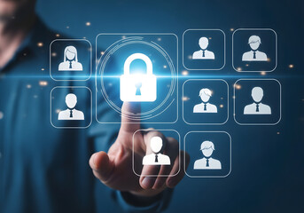 Finger touching a digital screen with a padlock icon and user profile icons, representing digital security and user management