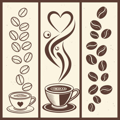 Vector art of triptych of coffee beans and cups with steam forming a heart, in a vintage illustration style