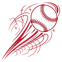 Vector art of a dynamic illustration of a baseball in motion, with red streaks and stars suggesting speed and energy, isolated on a