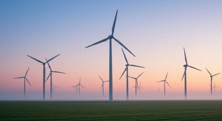 Wind Turbines in Foggy Sunrise Landscape