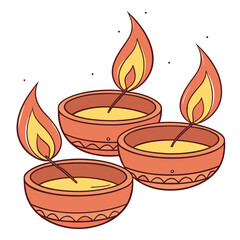 Vector art of three traditional clay diyas with lit flames, symbolizing light and celebration