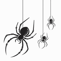 Vector art of three black spiders hanging on threads