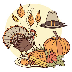 Vector art of thanksgiving illustration featuring a turkey, pumpkin pie, pilgrim hat, and autumn leaves