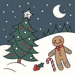 Vector art of a cute gingerbread man stands next to a decorated christmas tree in a snowy landscape under a crescent moon and starry night sky
