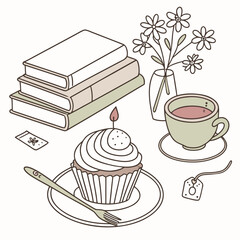 Vector art of cozy scene with a cupcake, books, and tea