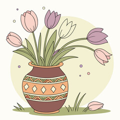 Vector art of a decorative vase filled with pastel colored tulips, set against a soft yellow circle and a