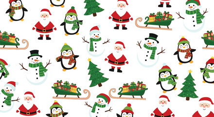 Whimsical Christmas characters and festive elements scattered across a white background, perfect for holiday designs.