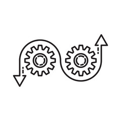 agile process icon, flexible work software, methodology development, arrow with gears, thin line symbol on white background - editable stroke vector illustration