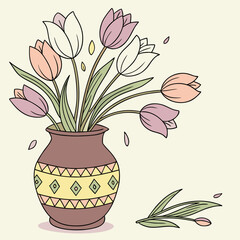 Vector art of a charming illustration of a vase filled with colorful tulips, with one fallen tulip beside it, on a light background