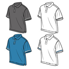 Vector art of set of four polo shirts, two in color and two in outline, displayed on a