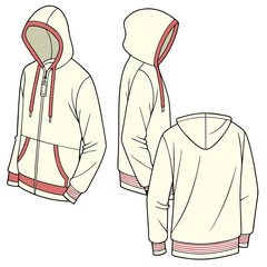 Vector art of fashion flat sketch of a cream colored zipup hoodie with red trim, shown from front, side, and back views