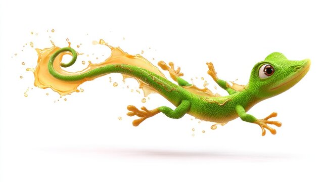 Cartoon lizard, green, leaping, juice splash