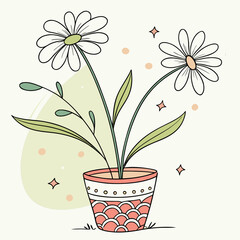 Vector art of a charming handdrawn illustration of two daisies in a decorative pot, with subtle sparkles and a soft green background
