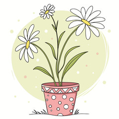 Vector art of cute cartoon daisy flowers in a pink polka dot pot, , with a pale green oval shape behind them