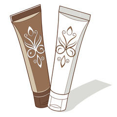 Vector art of two cosmetic tubes, one brown and one white, with decorative floral patterns, isolated on a