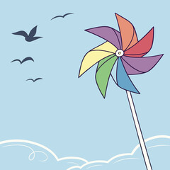 Vector art of colorful pinwheel spinning in the sky with birds flying by and clouds below