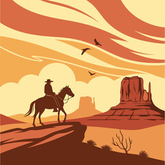 Vector art of silhouette of a cowboy on horseback overlooking a desert landscape with mesas and buttes at sunset