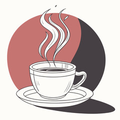 Vector art of a steaming cup of coffee on a saucer, with a stylized yin and yang symbol in the background