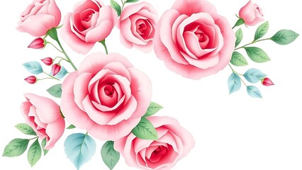 Fototapeta premium Watercolor floral wreath with pink roses, soft painted texture on a clean white background. 