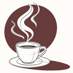 Vector art of a steaming cup of coffee on a saucer, with steam rising into the air, isolated on a
