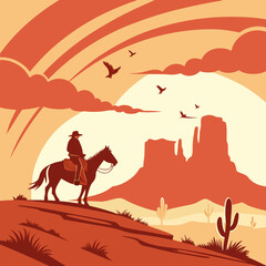 Vector art of silhouette of a cowboy riding a horse in a desert landscape with mesas and cacti under a dramatic sky