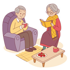 Vector art of elderly couple enjoying a quiet moment together, reading and drinking tea in comfortable armchairs