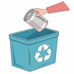 Vector art of hand throwing a tin can into a blue recycling bin with a recycling symbol