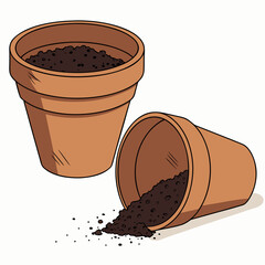 Vector art of two terracotta pots, one upright filled with soil, the other tipped over with soil spilling out