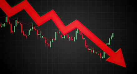 A sharp downward trending red arrow superimposed over a stock market candlestick chart indicating a significant financial decline.