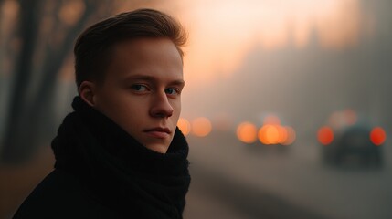 Young Man with Dark Scarf at Sunset in Foggy Urban Environment