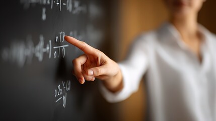 Teacher Pointing at Mathematical Equations on Chalkboard