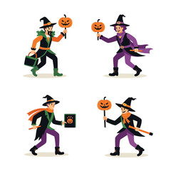Four witches in hats and robes hold pumpkin lollipops and books, ready for Halloween trick or treating.