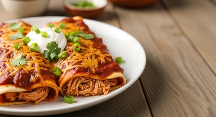 Fototapeta premium Delicious Chicken Enchiladas with Toppings.