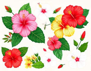 Vibrant hibiscus flowers in various colors and stages of bloom