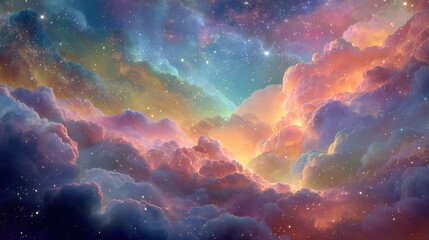 Fototapeta premium Colorful Cosmic Clouds Against Starry Sky with Glowing Lights and Ethereal Glow in Deep Space Atmosphere