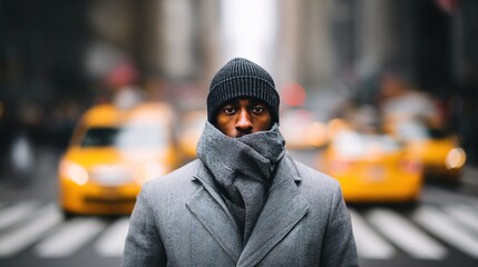 Man in Winter Clothing Standing on Busy City Street with Taxis