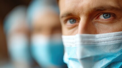 Close-Up Portrait of Male with Protective Face Mask and Blue Eyes