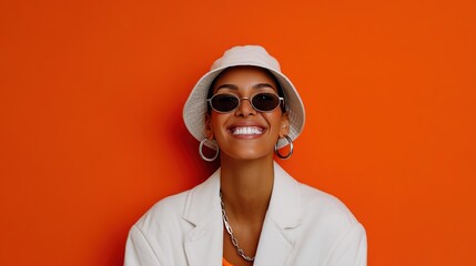 Stylish Woman in Bucket Hat and Sunglasses Against Orange Background