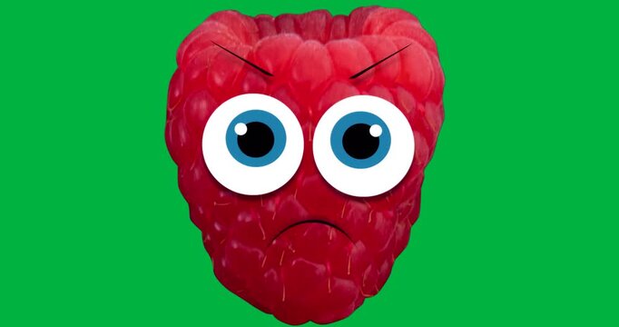 Raspberry character frowning, presenting health warning on transparent backdrop with cartoon eyes