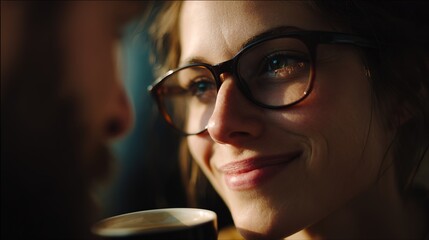 Close-Up Portrait of Woman in Glasses Smiling with Coffee Cup