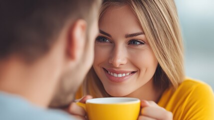 Smiling Woman Enjoying Coffee with Man in Cozy Café Setting