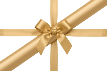 Golden satin ribbon tied in a bow with intersecting ribbons on black graphic design isolated on a transparent background