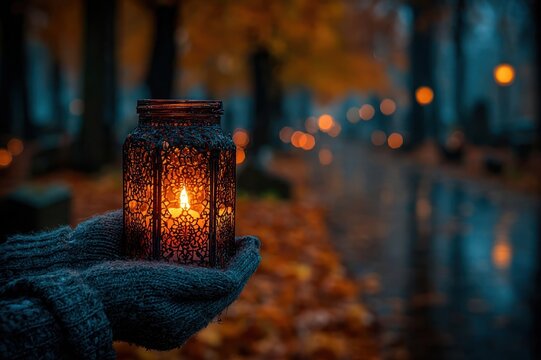 Hands holding a lit candle in prayer at cemetery during All Saints' Day, Christian remembrance and reflection